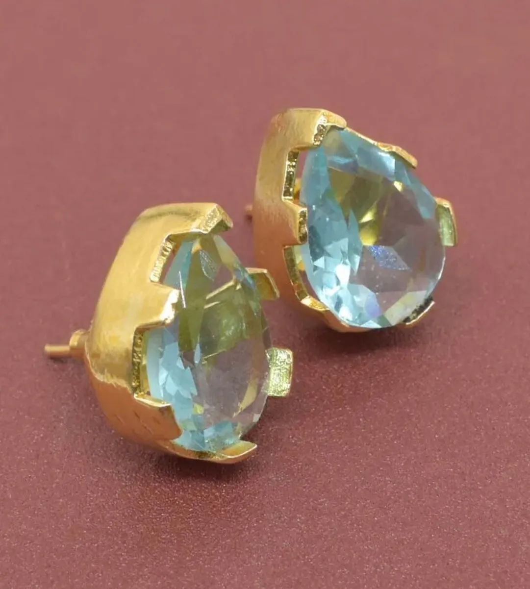 Pear-Shaped Blue Topaz Quartz Stud Earrings 1"