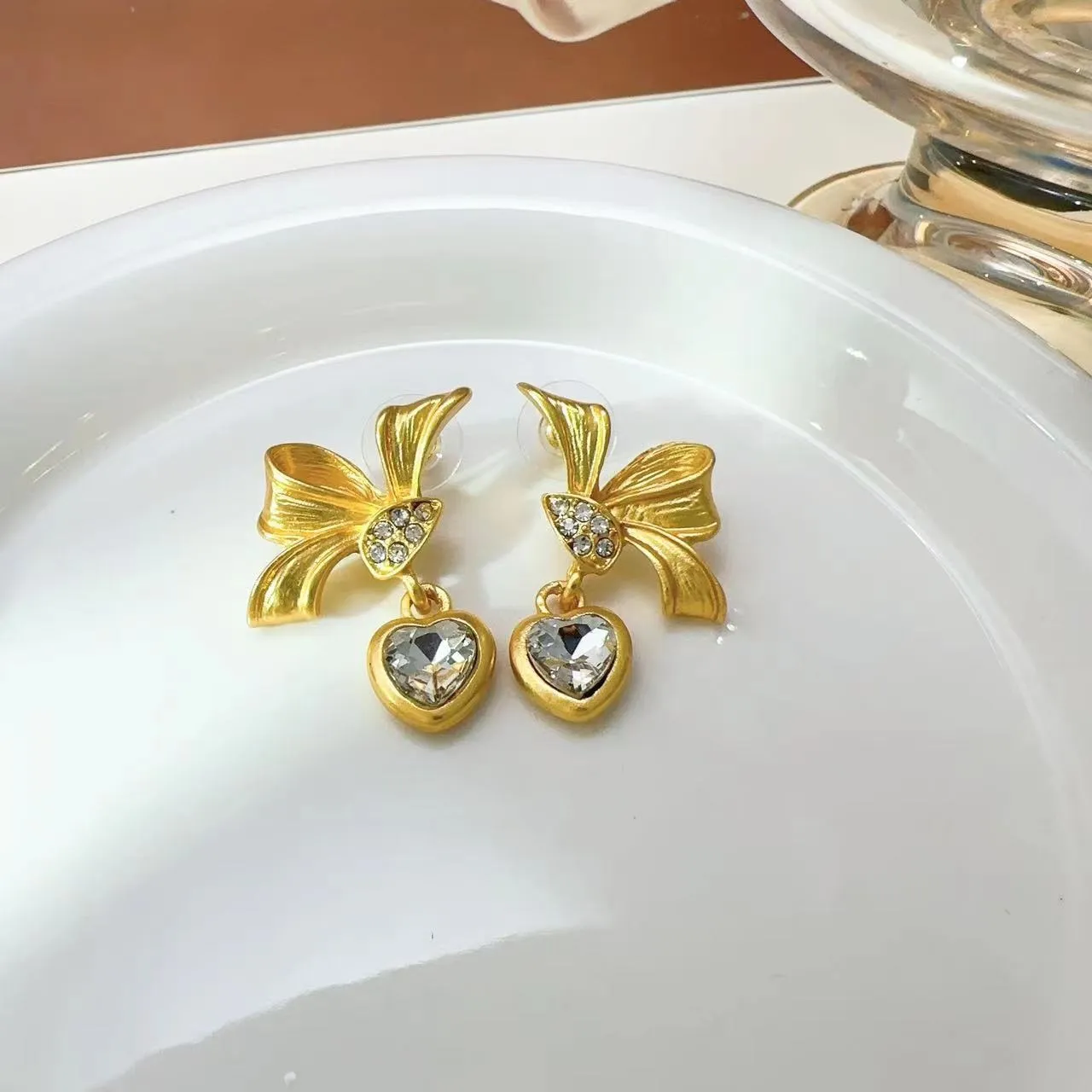 Pre Order:  Vintage Bow Heart-Shaped Rhinestone Earrings