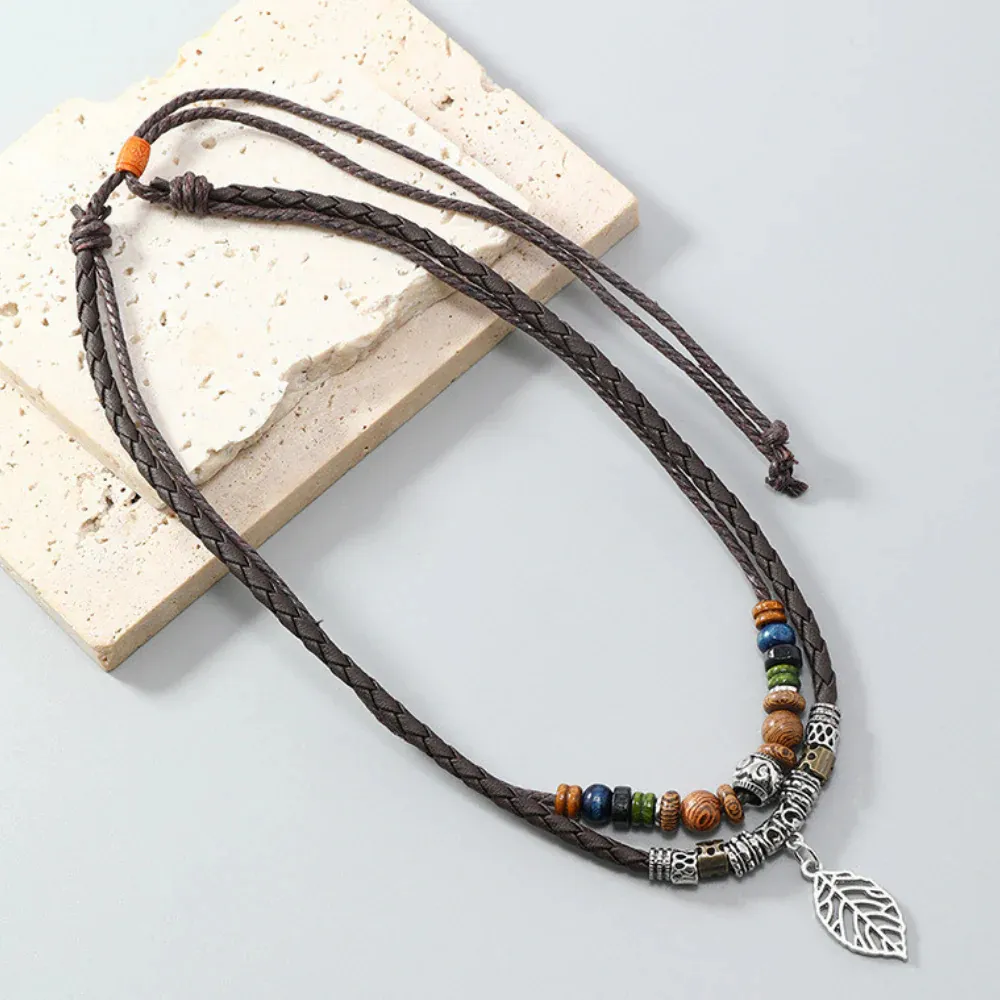 " Boho Leaf Wood Bead" Necklaces