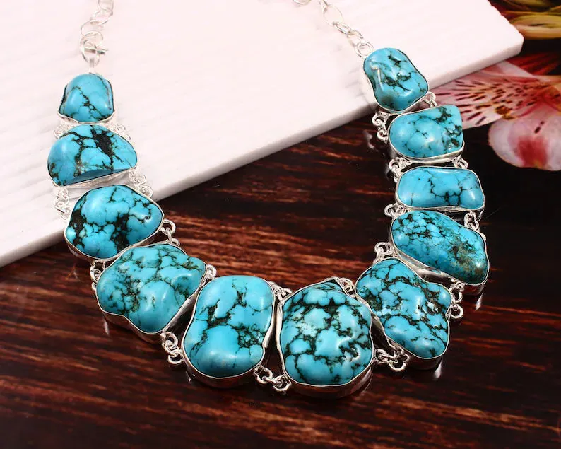 Raw Turquoise Bohemian Choker Necklace For Women - 925 Solid Sterling Silver Necklace