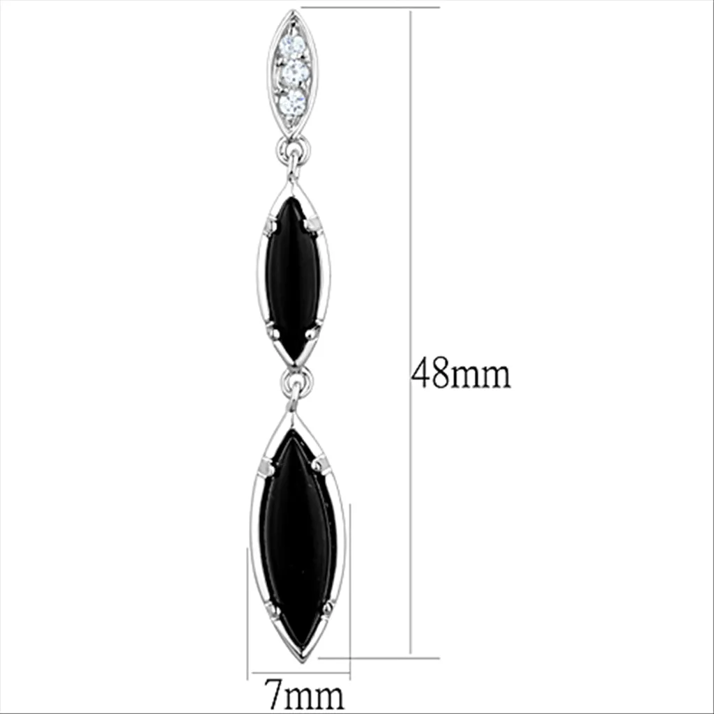 Rhodium Brass Earrings with Synthetic Onyx in Jet for Women Jet Stone Color Style 3W702