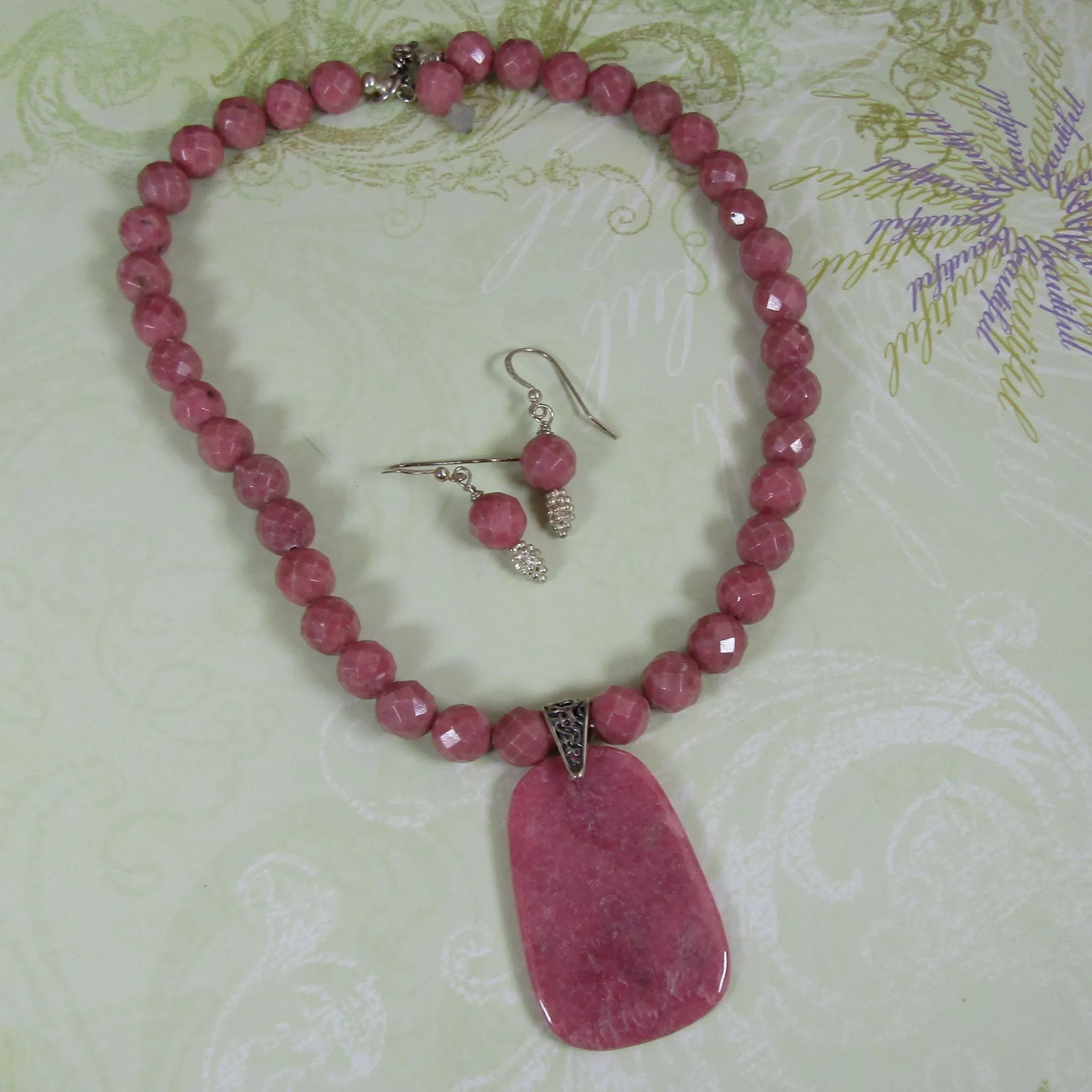 Rhodonite Pink Beaded Necklace & Earrings