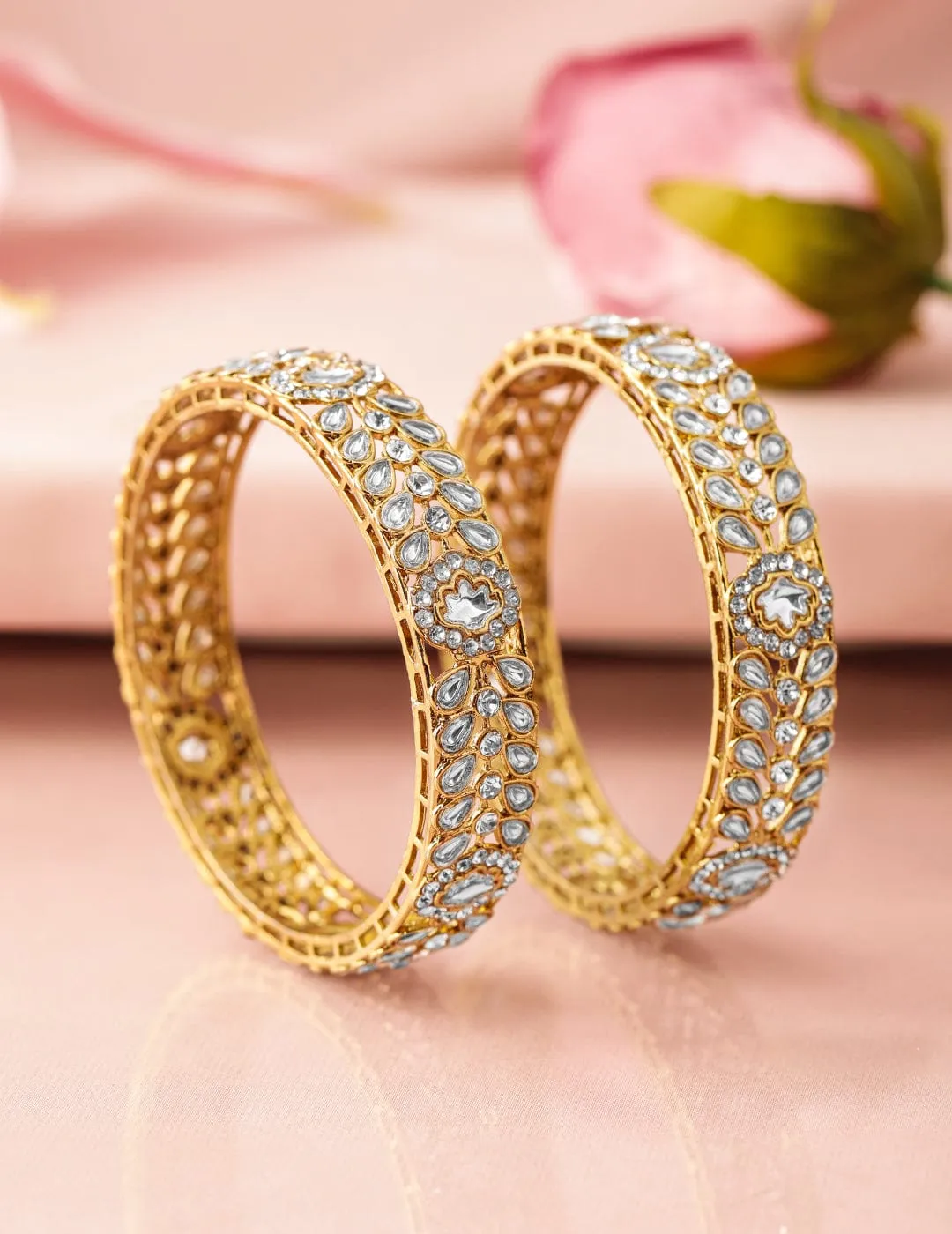 Rubans Set of 2 18K Mehandi Gold-Plated Kundan & Cubic Zirconia Studded Statement Bangles