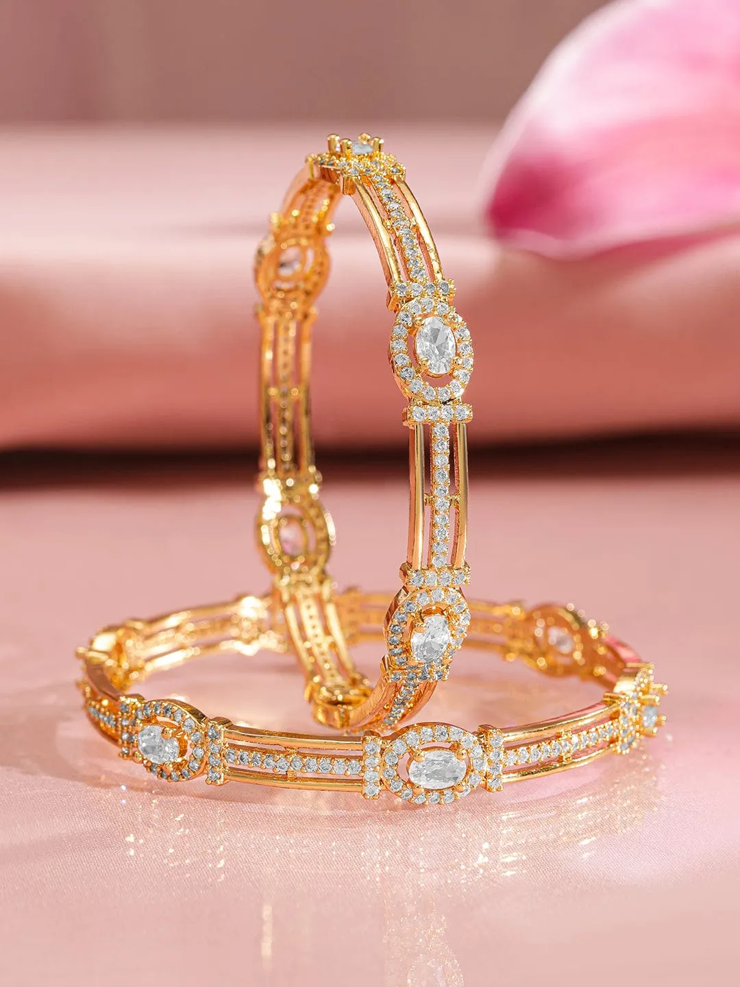 Rubans Set Of 2 22KT Gold-Plated White Cubic Zirconia-Studded Bangles