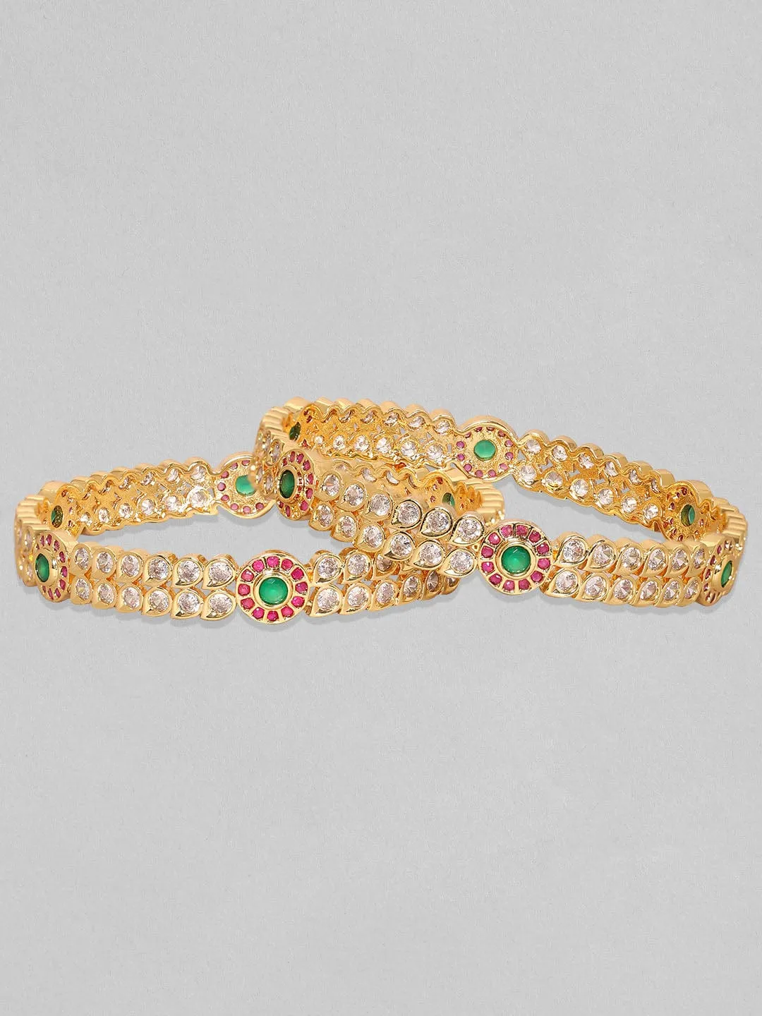 Rubans Set Of 2, 24K Gold Plated Red & Green Zircons Bangles