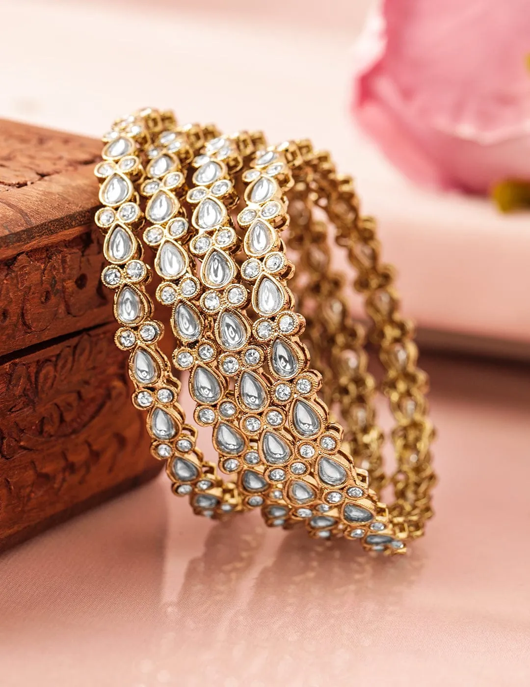 Rubans Set of 4 18K Mehandi Gold-Plated Kundan & Cubic Zirconia Studded Designer Bangles