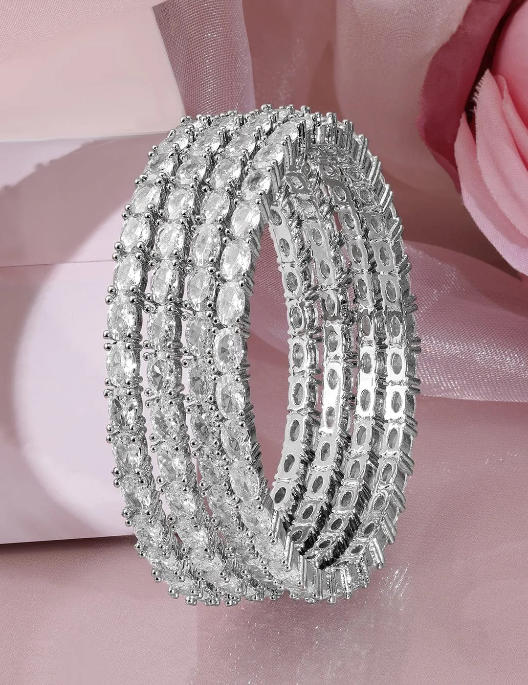 Rubans Set Of 4 Rhodium-Plated Crystal & Cubic Zirconia Studded Bangles