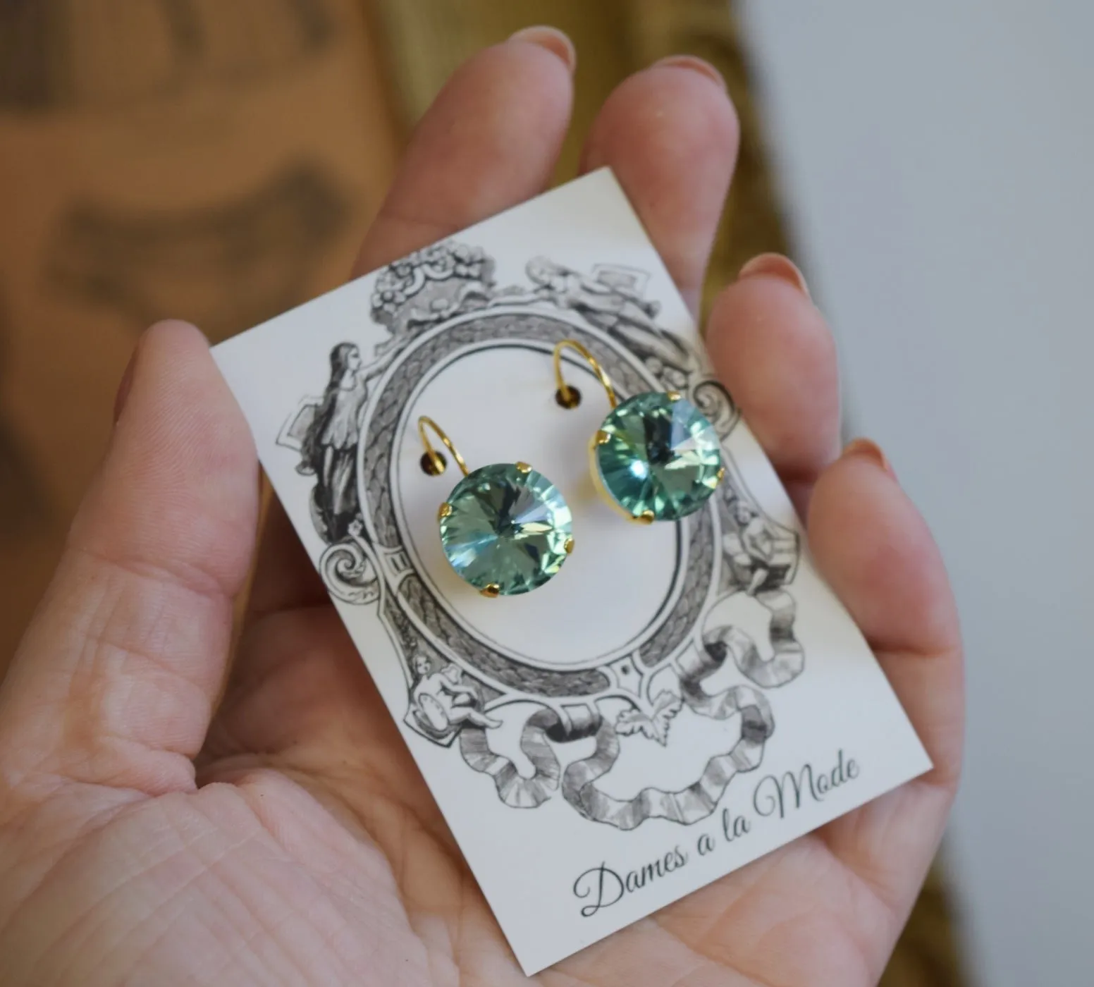 Sea Green Aurora Crystal Earrings - Medium Round