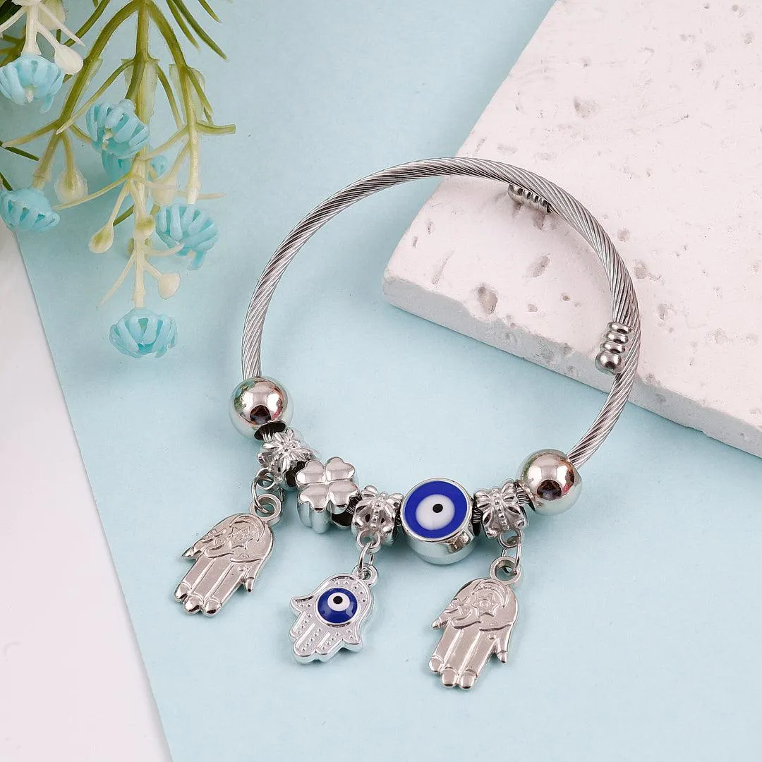 Silver Charm Bracelet with Blue Enamel and Hamsa Hand Charms