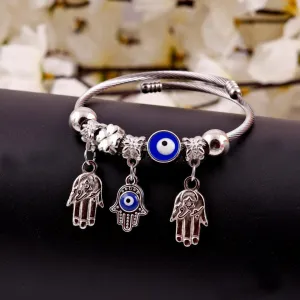 Silver Charm Bracelet with Blue Enamel and Hamsa Hand Charms