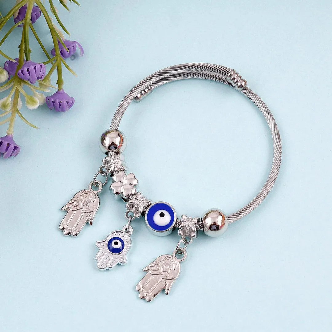 Silver Charm Bracelet with Blue Enamel and Hamsa Hand Charms