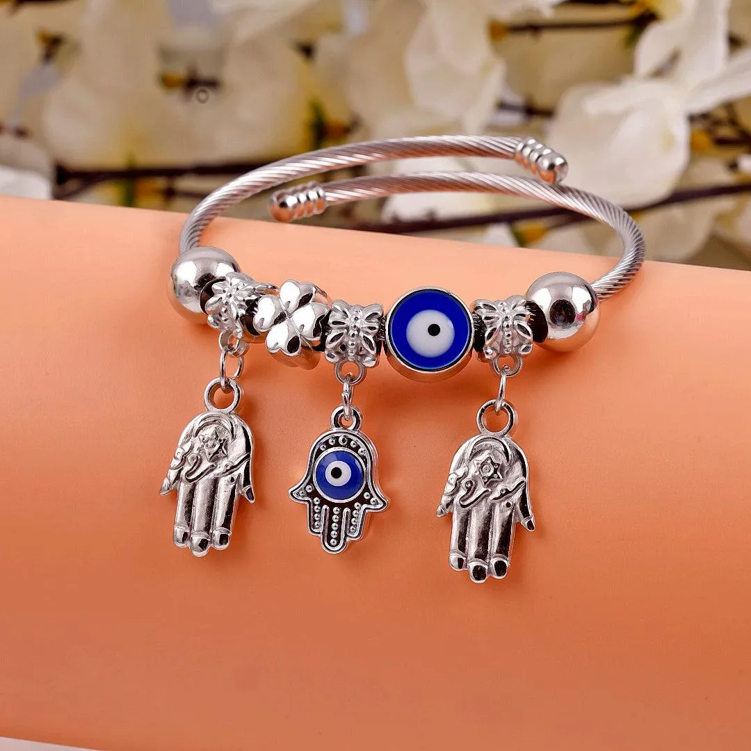 Silver Charm Bracelet with Blue Enamel and Hamsa Hand Charms