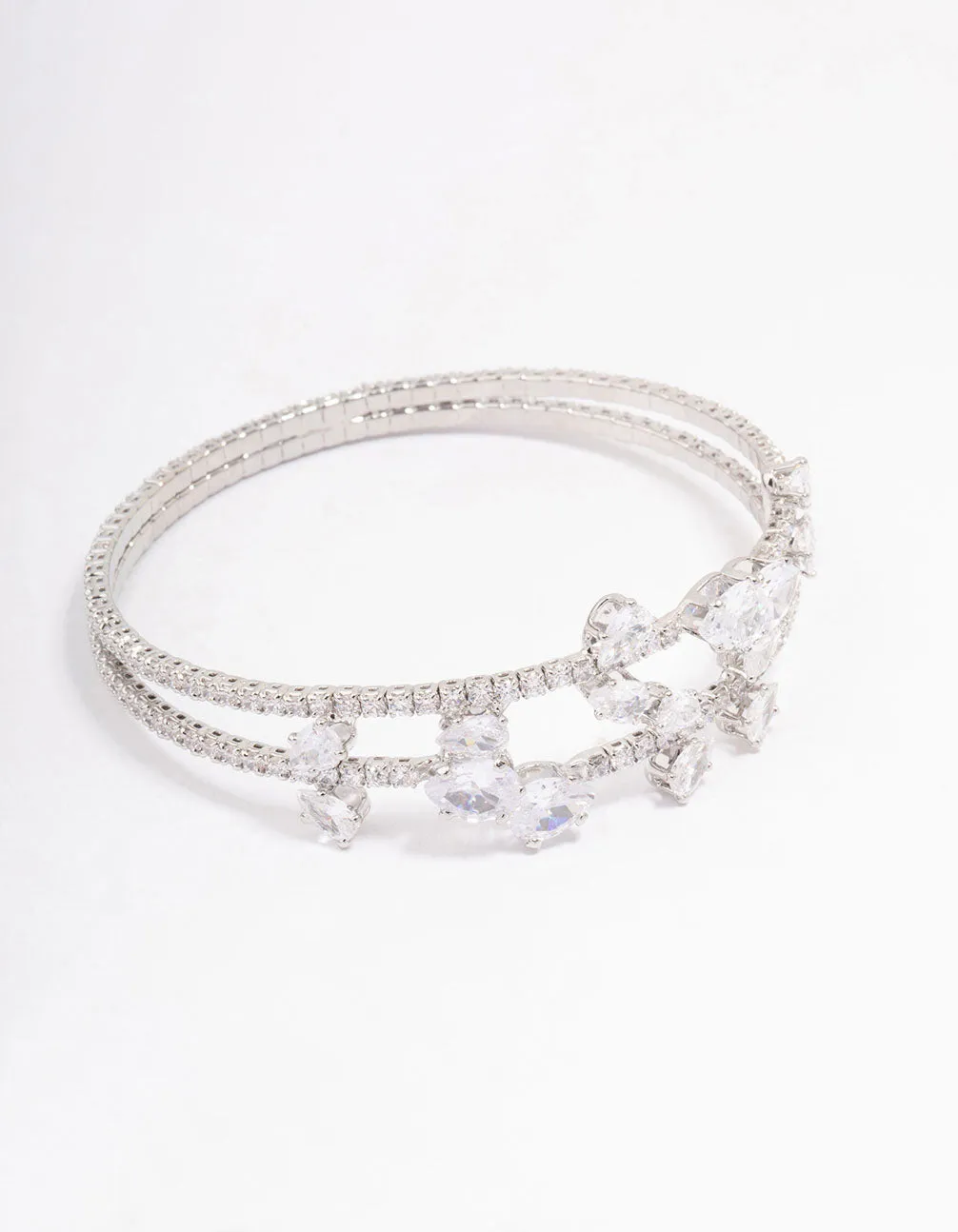 Silver Cubic Zirconia Leaf Layered Bangle