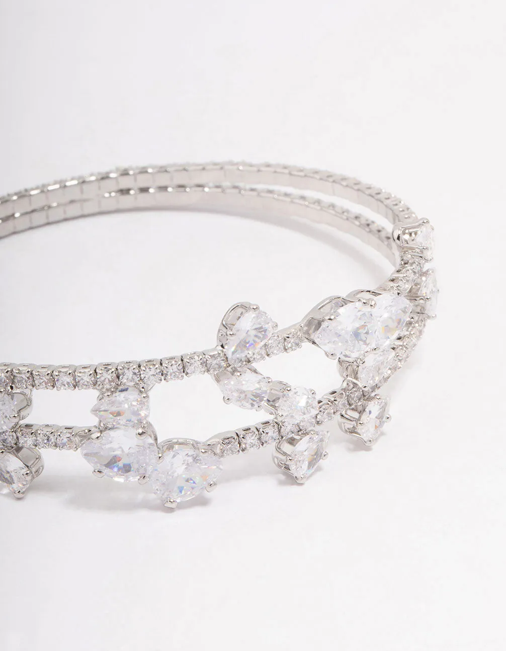 Silver Cubic Zirconia Leaf Layered Bangle