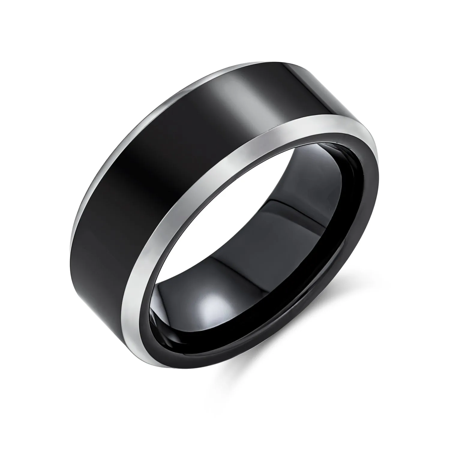 Simple Black Tungsten Wedding Band Ring for Men Silver Two-Tone Beveled Edge Comfort Fit