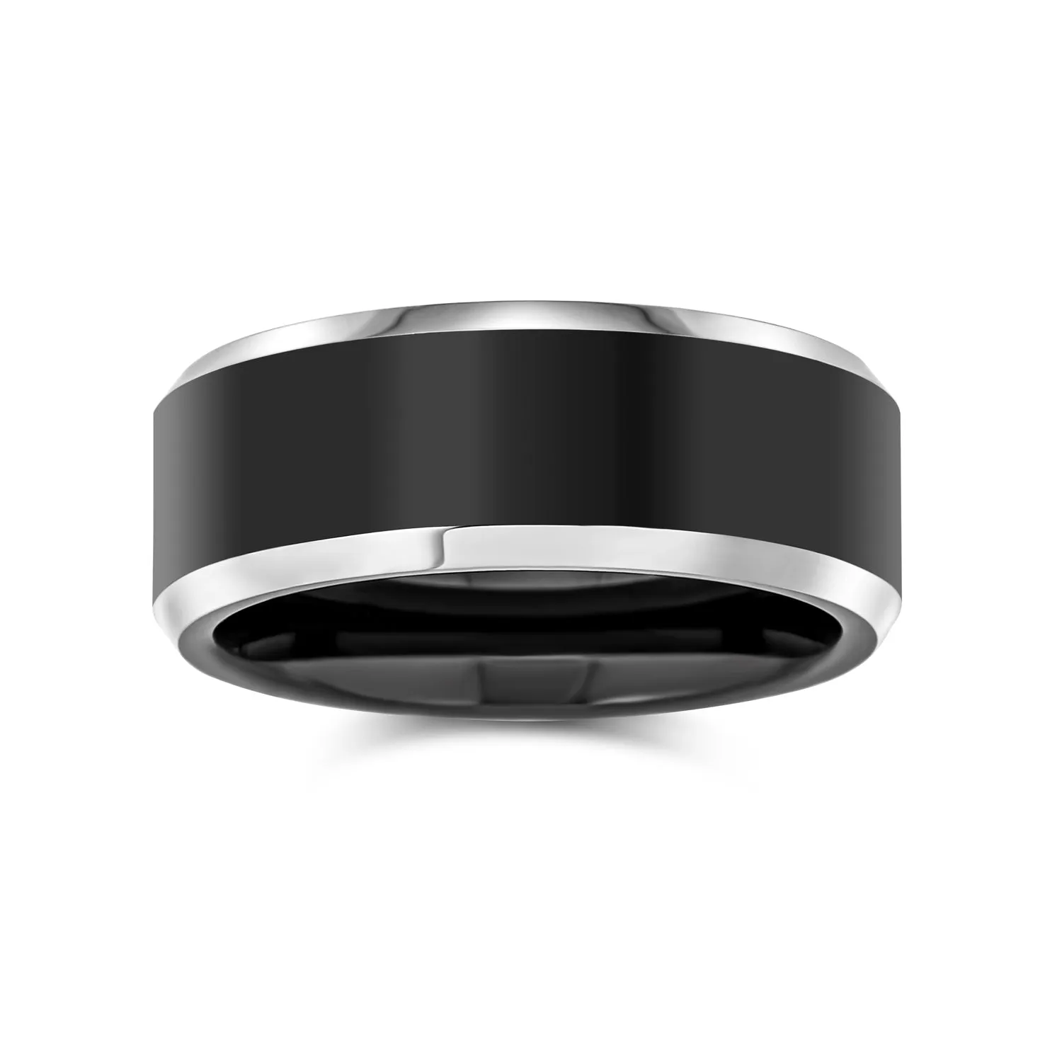 Simple Black Tungsten Wedding Band Ring for Men Silver Two-Tone Beveled Edge Comfort Fit