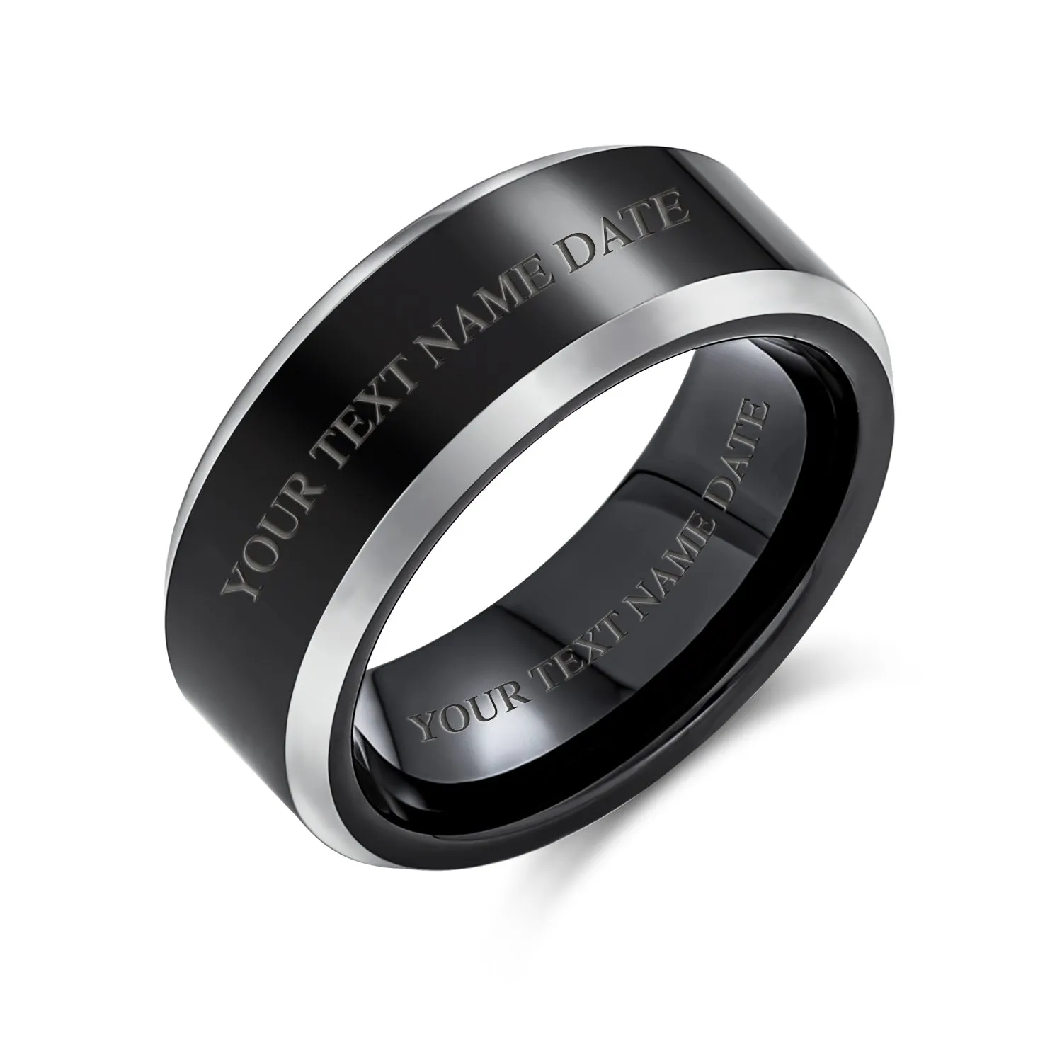 Simple Black Tungsten Wedding Band Ring for Men Silver Two-Tone Beveled Edge Comfort Fit