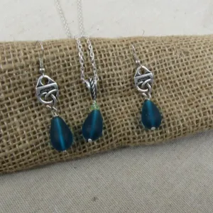 Turquoise Sea Glass Pendant Necklace & Earrings  Set