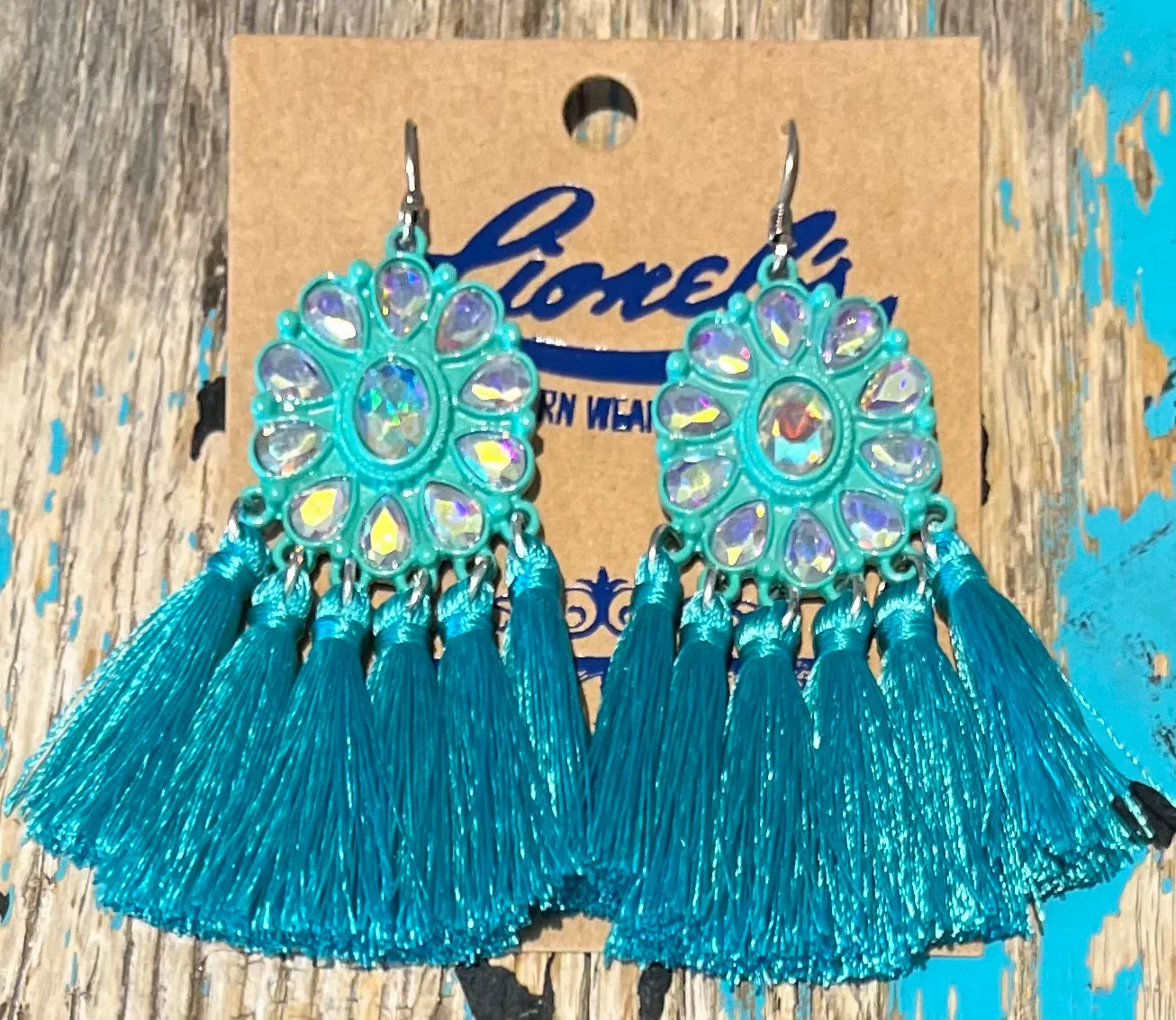 Turquoise w/ Crystals Fringed Earrings