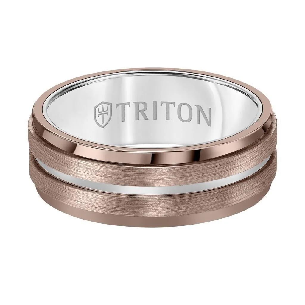 WILLOW 8MM Brown & White Tungsten Carbide Ring - Satin Finish with Center Line