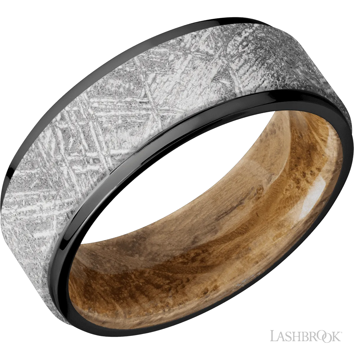 Zirconium with Polish Finish and Meteorite Inlay and Whiskey Barrel - 8MM