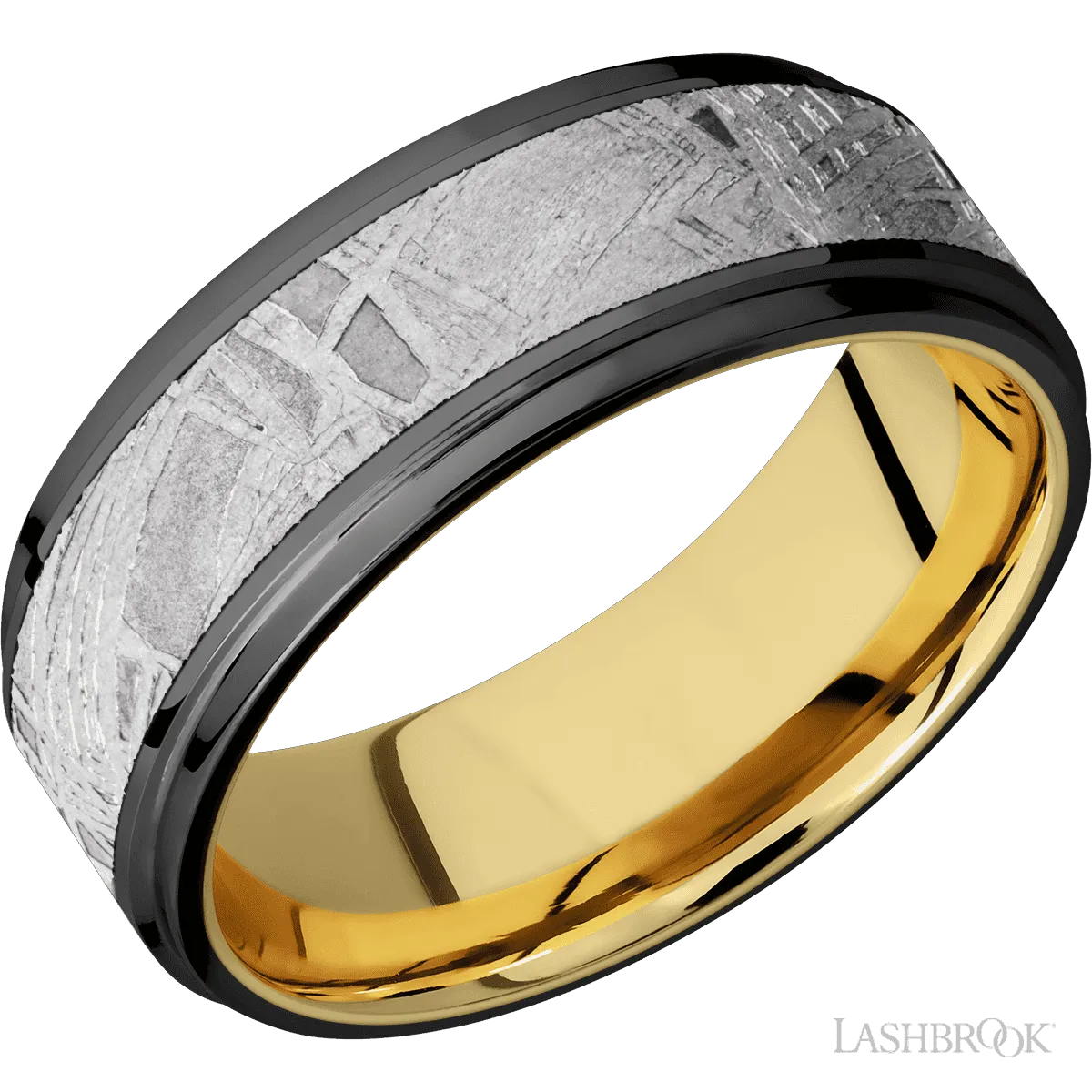 Zirconium with Polish , Polish Finish and Meteorite Inlay and 14K Yellow Gold - 8MM