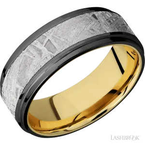 Zirconium with Polish , Polish Finish and Meteorite Inlay and 14K Yellow Gold - 8MM