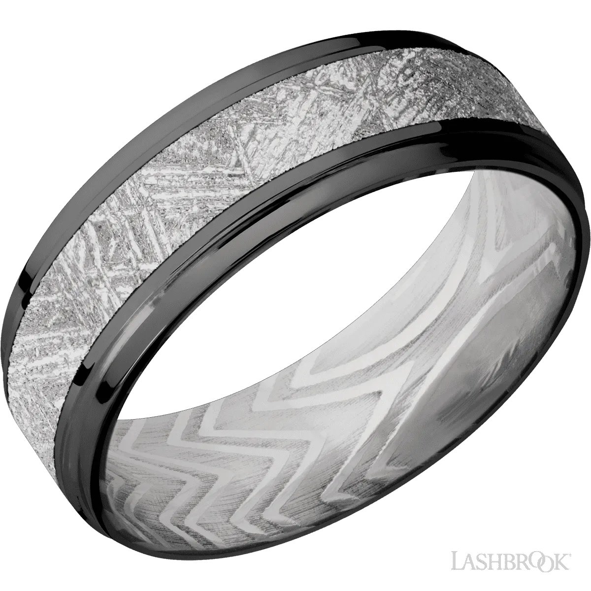 Zirconium with Polish , Polish Finish and Meteorite Inlay and Zebra - 7MM